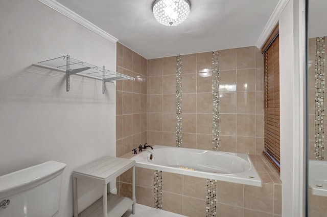 bathroom featuring toilet, crown molding, and tiled tub