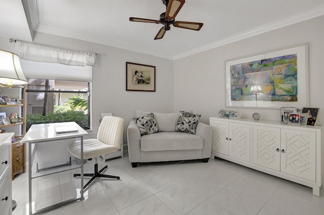 office with ceiling fan, light tile patterned floors, and ornamental molding