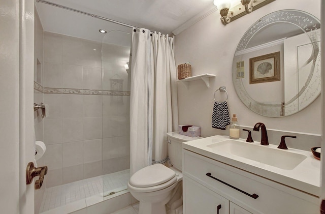 bathroom featuring vanity, toilet, curtained shower, and crown molding