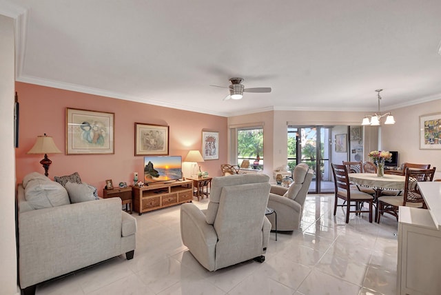 5750 Camino Del Sol Unit 102, Boca Raton, FL 33433 - living area with light tile patterned flooring, crown molding, and ceiling fan with notable chandelier