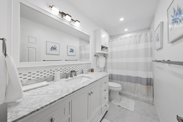 bathroom with walk in shower, decorative backsplash, vanity, and toilet