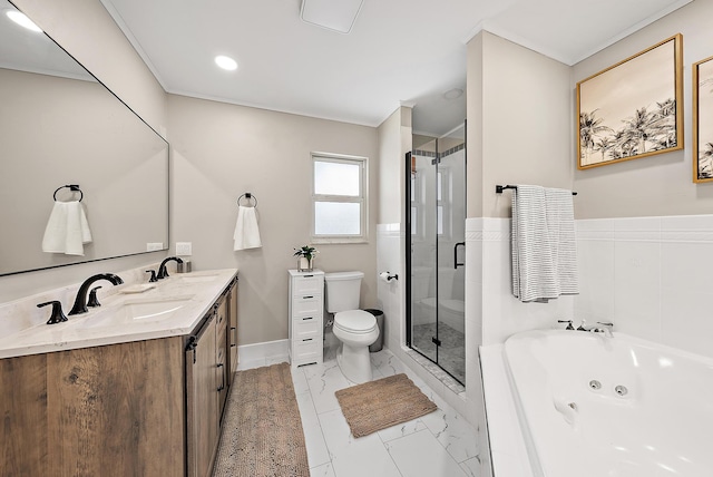 full bathroom featuring vanity, toilet, ornamental molding, and independent shower and bath