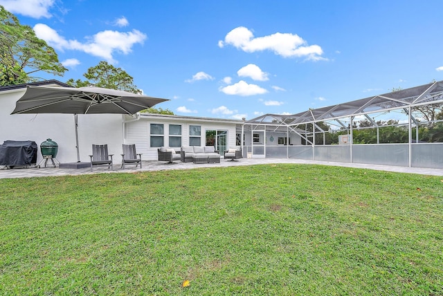 back of property featuring a lanai, outdoor lounge area, a patio area, and a yard