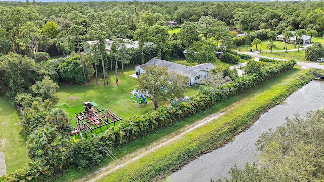 drone / aerial view with a water view