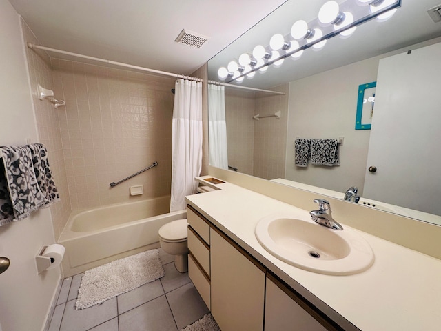 full bathroom with vanity, tile patterned flooring, shower / bathtub combination with curtain, and toilet