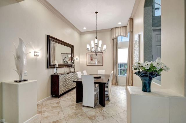 dining room with ornamental molding and an inviting chandelier