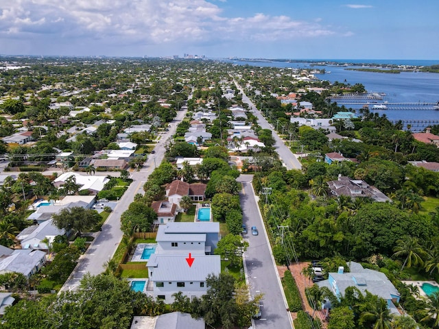 drone / aerial view featuring a water view