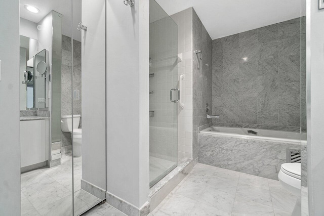 full bathroom with shower with separate bathtub, vanity, and toilet