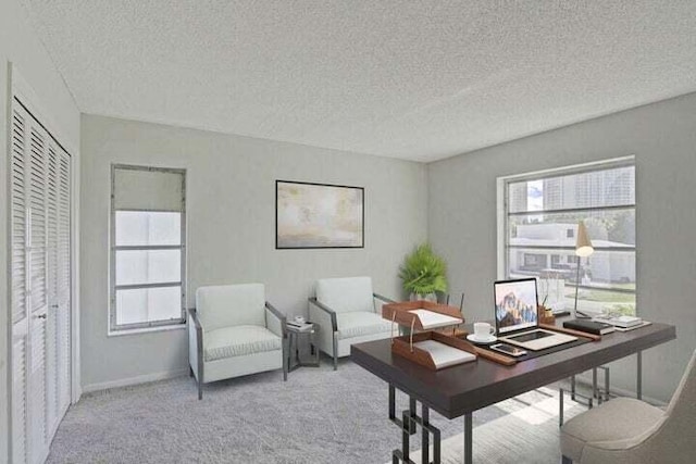 carpeted office with a textured ceiling