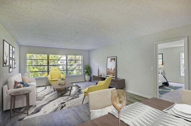 living room with dark wood-type flooring and a textured ceiling