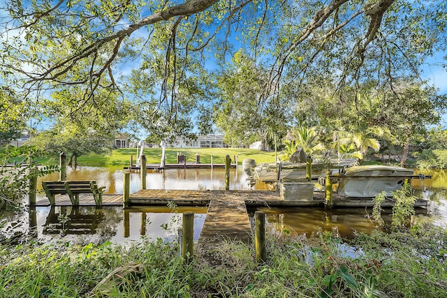 dock area with a yard and a water view