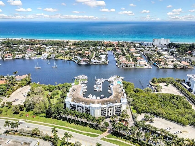 bird's eye view with a water view