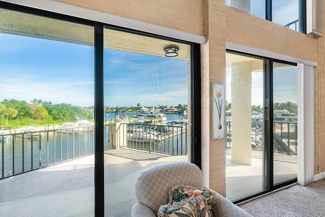 doorway to outside featuring carpet, a water view, and a wealth of natural light