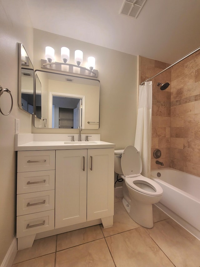 full bathroom featuring tile patterned flooring, vanity, toilet, and shower / tub combo with curtain