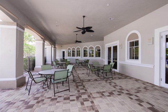 view of patio / terrace with ceiling fan and french doors