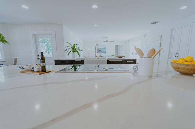 interior details featuring light stone countertops, white cabinetry, ceiling fan, and sink