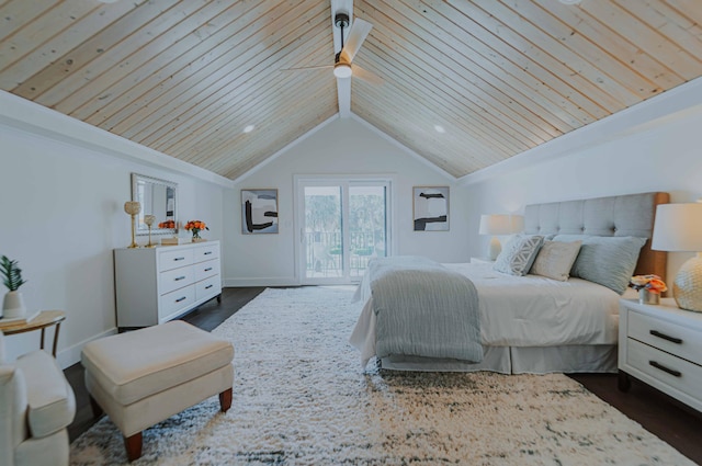 bedroom with ceiling fan, dark wood-type flooring, wooden ceiling, lofted ceiling, and access to outside