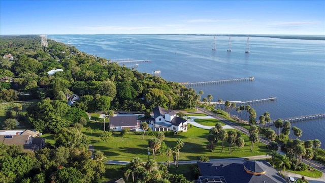 birds eye view of property featuring a water view