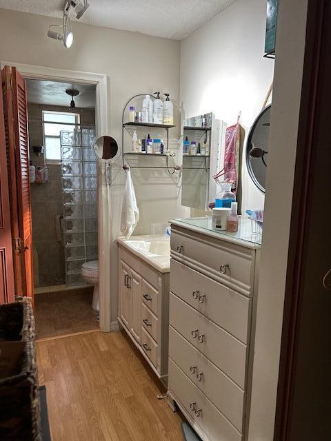 bathroom featuring hardwood / wood-style floors, vanity, a textured ceiling, and toilet