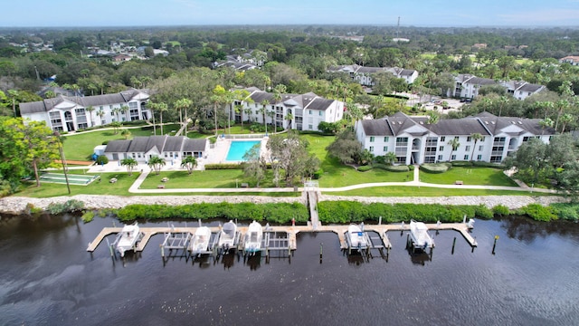 bird's eye view with a water view