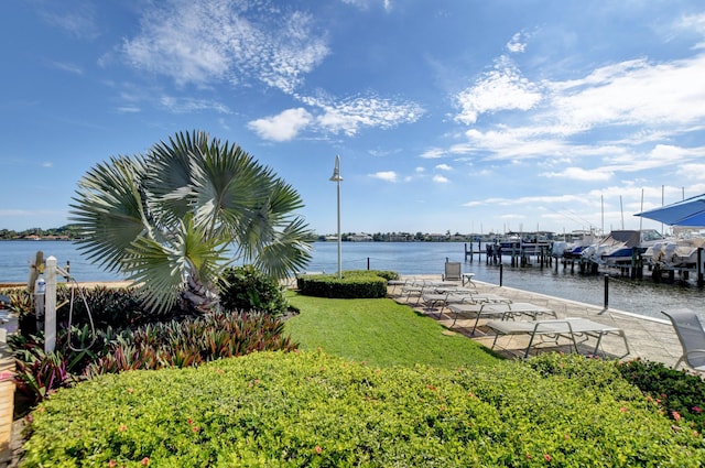 property view of water with a dock