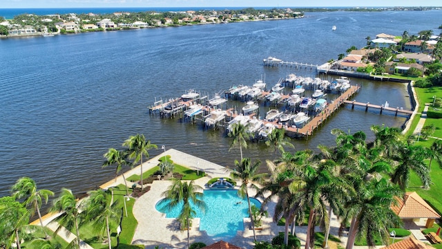 drone / aerial view featuring a water view