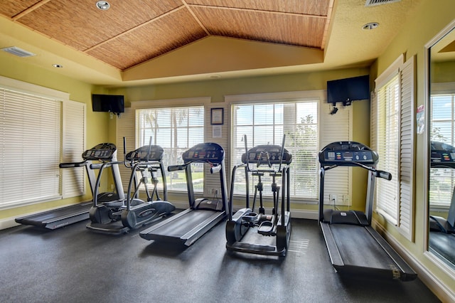 workout area with lofted ceiling and wooden ceiling