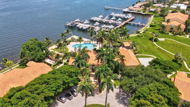 bird's eye view with a water view