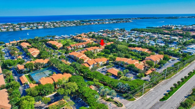 aerial view featuring a water view