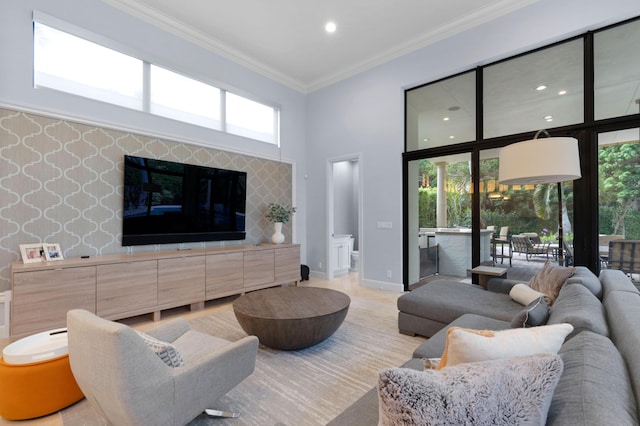 living room featuring a towering ceiling and ornamental molding