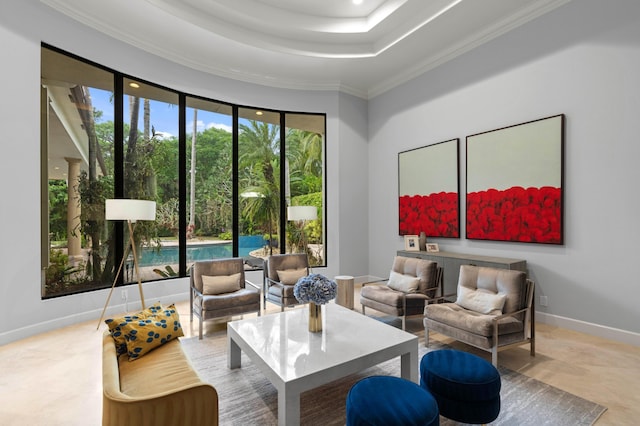 living room with a tray ceiling and crown molding