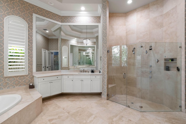 bathroom with shower with separate bathtub, vanity, and ornamental molding