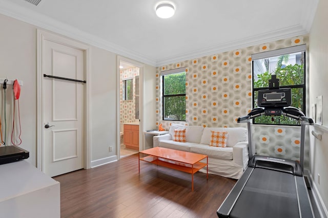 exercise area with plenty of natural light, dark hardwood / wood-style flooring, and ornamental molding