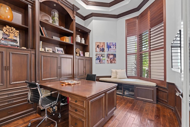 home office featuring a raised ceiling, crown molding, and dark wood-type flooring