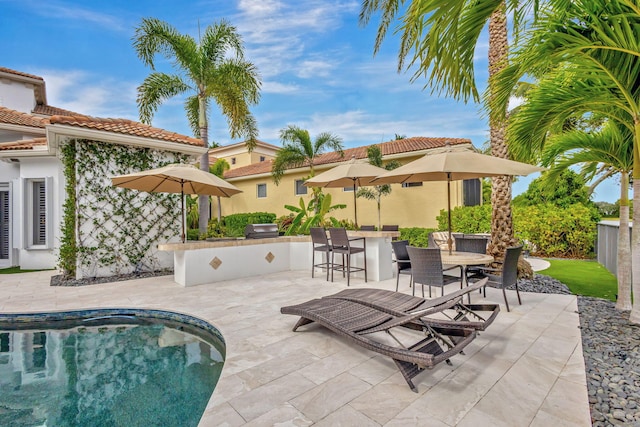 view of patio / terrace with a grill, an outdoor bar, and an outdoor kitchen