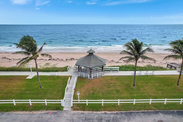 property view of water with a gazebo and a view of the beach