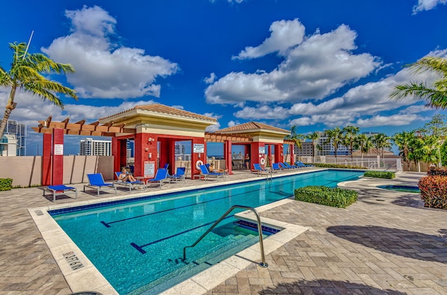 view of swimming pool with a patio