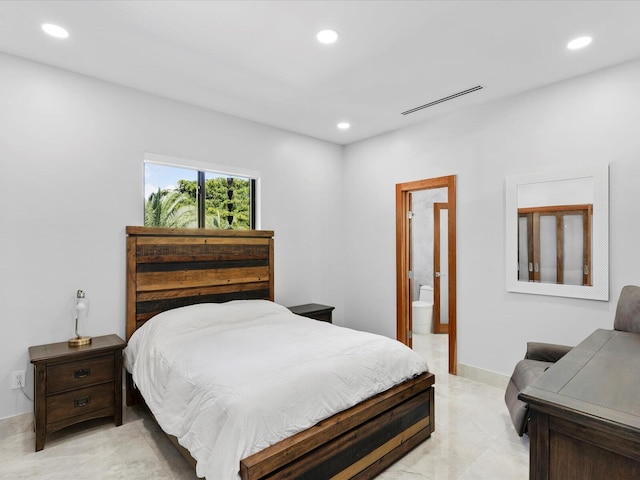 bedroom with recessed lighting, visible vents, baseboards, and ensuite bath