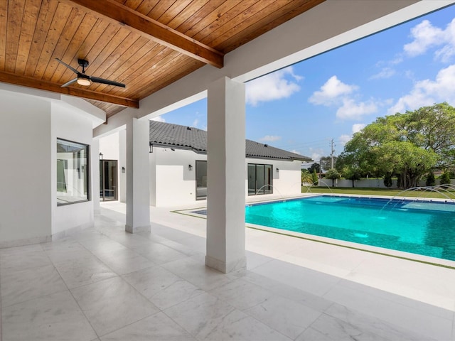 view of swimming pool with a ceiling fan, a patio, and a fenced in pool