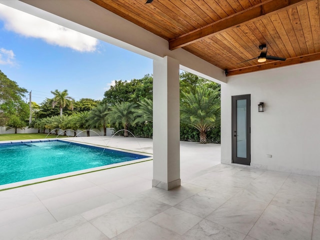 pool with a ceiling fan and a patio area