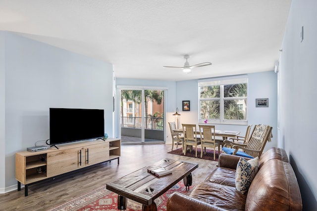 living room featuring hardwood / wood-style flooring, ceiling fan, and a textured ceiling