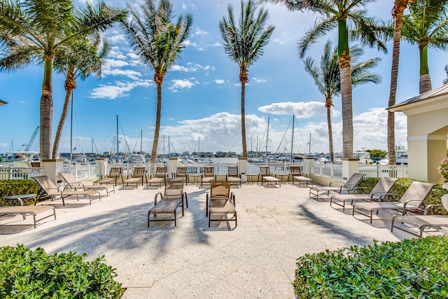 view of patio featuring a water view