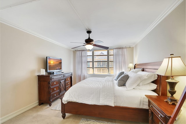 bedroom with ceiling fan, light colored carpet, and crown molding