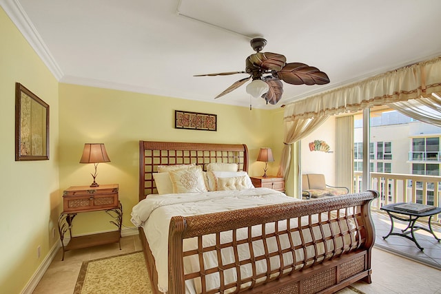 bedroom with ceiling fan, access to exterior, and crown molding