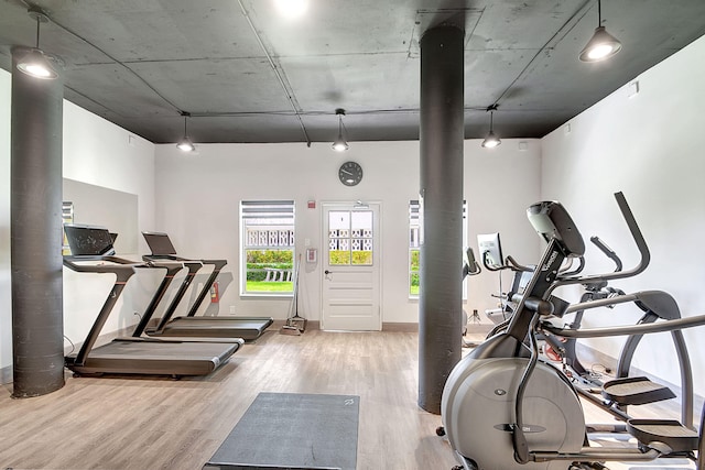 workout area featuring light hardwood / wood-style flooring