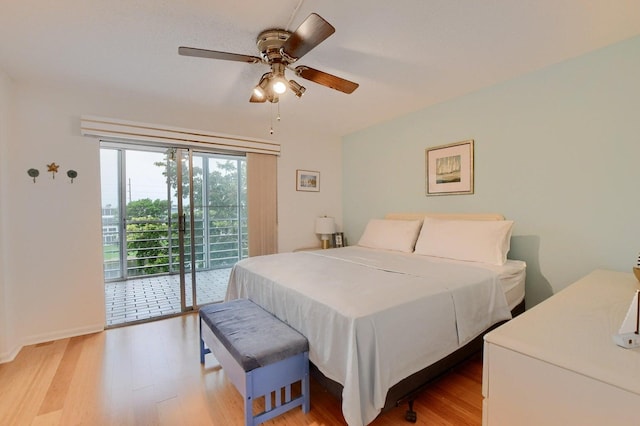 bedroom with ceiling fan, access to exterior, and light wood-type flooring