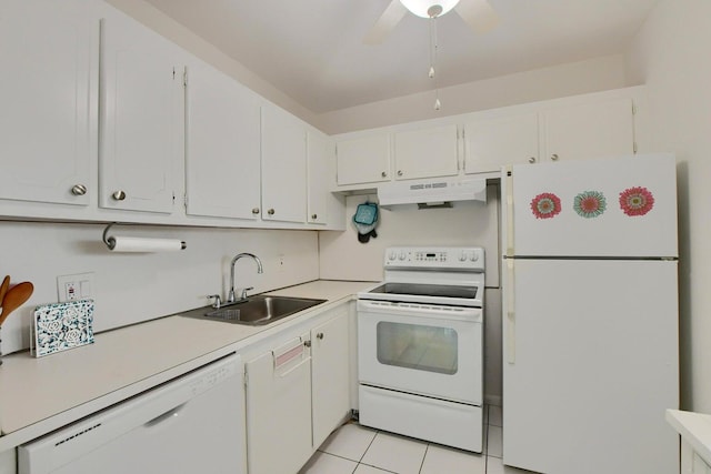 kitchen with white appliances, ceiling fan, sink, white cabinets, and light tile patterned flooring