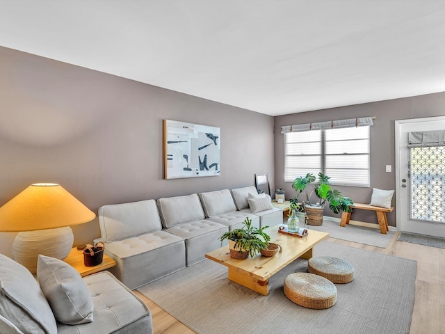 living area featuring baseboards and light wood-type flooring