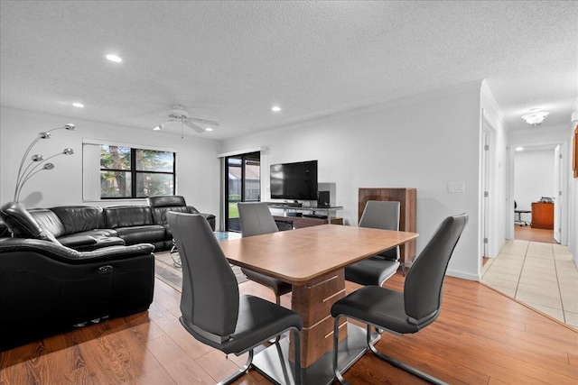 dining space with ceiling fan, a textured ceiling, and light wood-type flooring