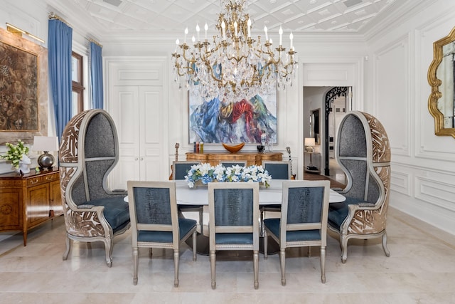 dining area with ornamental molding and a notable chandelier